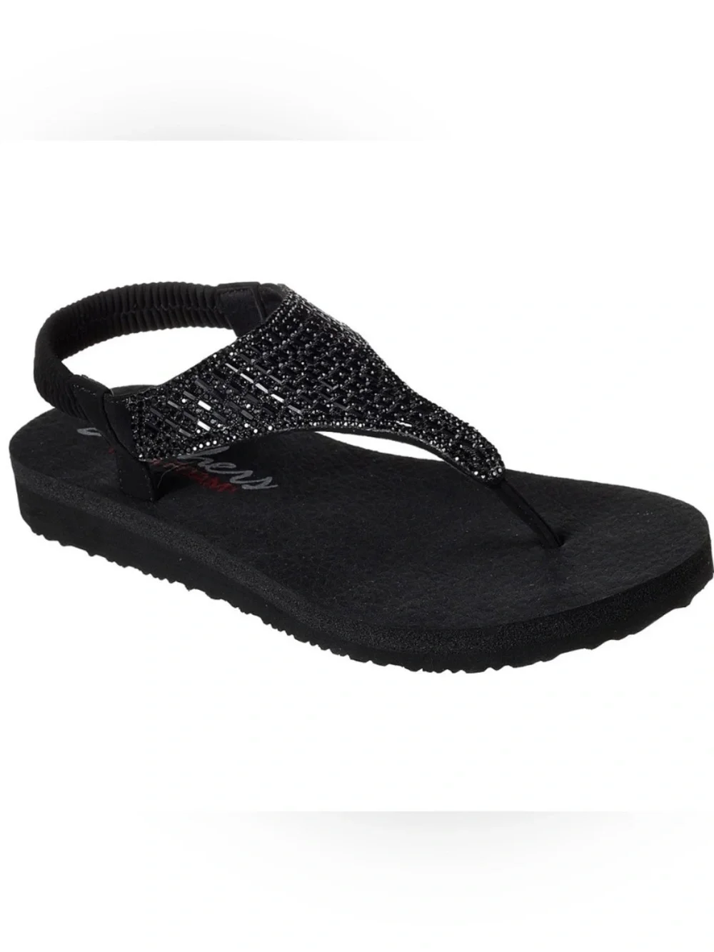 Skechers Yoga Foam Sandals Meditation Rock Crown Black Rhinestones Women’s Sz 9